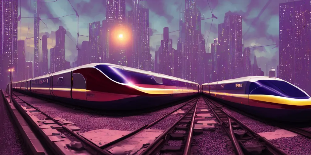 Prompt: a solarpunk maglev train riding though a massive cityscape at dawn, cold, art by James Gilleard, James Gilleard artwork, gorgeous lighting and metallic reflection, eurostar, maroon and blue accents, 8k, high detail