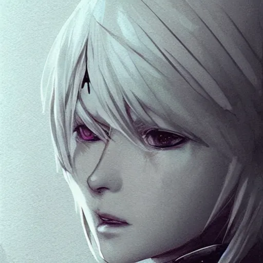 Image similar to sketch drawing of 2 b nier automata, beautiful piercing eyes, beautiful blonde hair, hyper realistic face, in the style of greg rutkowski, fantasy, amazing detail, epic, elegant, smooth, sharp focus, from the front