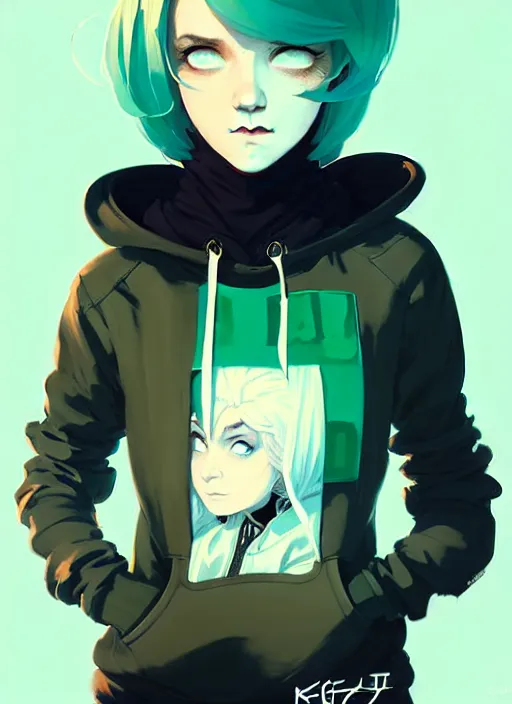 Image similar to highly detailed portrait of a urban punk lady student, blue eyes, hoodie, white hair by atey ghailan, by greg rutkowski, by greg tocchini, by james gilleard, by joe fenton, by kaethe butcher, gradient green, black, brown and teal color scheme, grunge aesthetic!!! ( ( graffiti tag wall background ) )