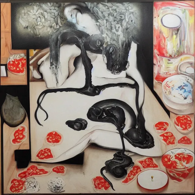 Prompt: a female artist's apartment, sensual, portrait of a woman sleeping, cracked japanese pottery vase, smouldering letters, candles, white flowers on the floor, puddle of water, octopus, squashed berries, pizza box, pancakes, black underwear, neo - expressionism, surrealism, acrylic and spray paint and oilstick on canvas