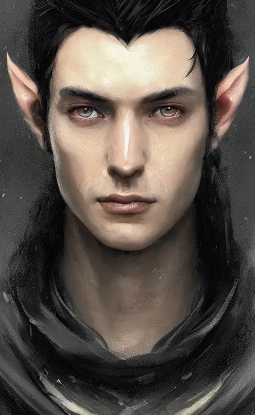 Image similar to Portrait of an elf in a black cloak with dark hair, dark skin, male, detailed face, fantasy, highly detailed, cinematic lighting, digital art painting by greg rutkowski