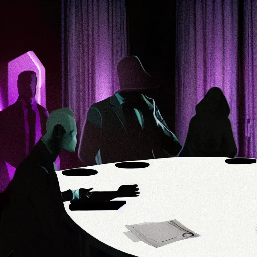 Image similar to HD render of shadow figures in suits sitting around a table in an occultic lair scheming and plotting, Ultra realistic digital art painting trending on artstation, photo realistic, black and purple colour scheme