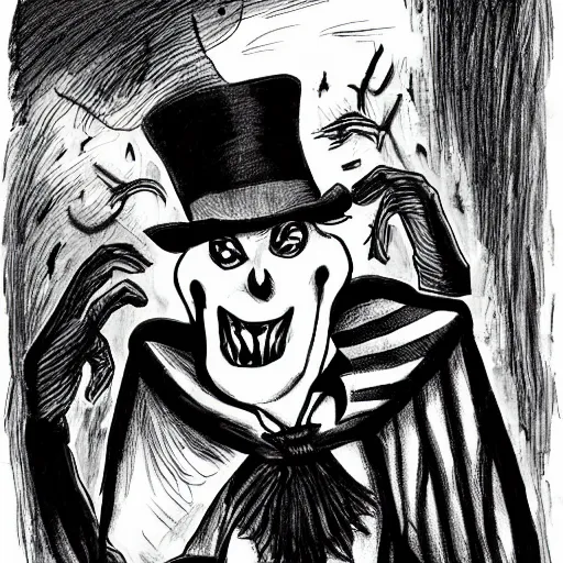 Image similar to a Pop Wonder scary horror themed goofy-hilarious-character Mad-Hatter-babadook-wearing a scarf, 3-piece-suit, dime-store-comic drawn with charcoal and pen and ink, half-tone-line-stacking