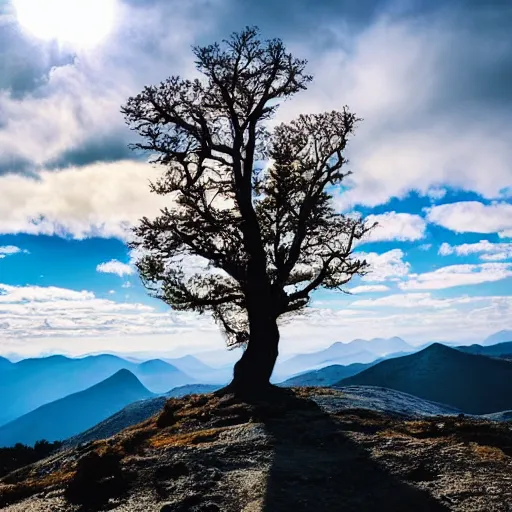 Prompt: a beautiful mountain landscape view from the summit with stunning eerie light and a large tree on the foreground, HD photograph, bokeh