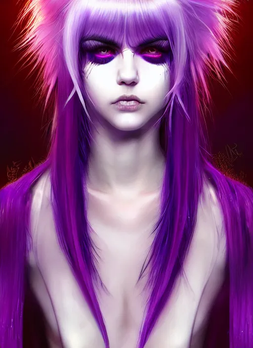 Image similar to hair whitebangs hair, black cyberlox, portrait of normal teenage girl, white bangs, messy bangs, fluffy bangs, cyberlox, whitebangs, red contact lenses, purple background, intricate, elegant, highly detailed, digital painting, artstation, concept art, sharp focus, smooth, illustration, art by wlop, mars ravelo and greg rutkowski