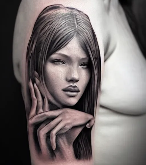 Image similar to a beautiful girl portrait, faded mountain background, realism tattoo, in the style of den yakovlev, black and white, hyper realistic, highly detailed