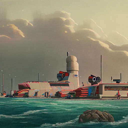 Image similar to yachting club by simon stalenhag