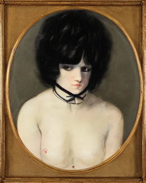 Image similar to A goth portrait painted by Francisco Goya. Her hair is dark brown and cut into a short, messy pixie cut. She has a slightly rounded face, with a pointed chin, large entirely-black eyes, and a small nose. She is wearing a black tank top, a black leather jacket, a black knee-length skirt, a black choker, and black leather boots.