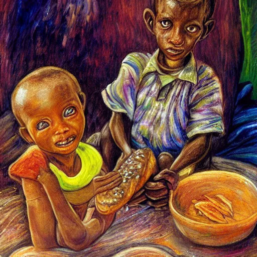 Image similar to oil painting of a malnourished ugandan boy sharing bread with a blond well fed child, by josephine wall american