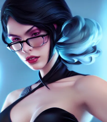 Prompt: beautiful extreme wide shot portrait of a gorgeous model with hour glass figure who looks like Bayonetta, character design by charlie bowater, ross tran, artgerm, and makoto shinkai, detailed, soft lighting, rendered in octane