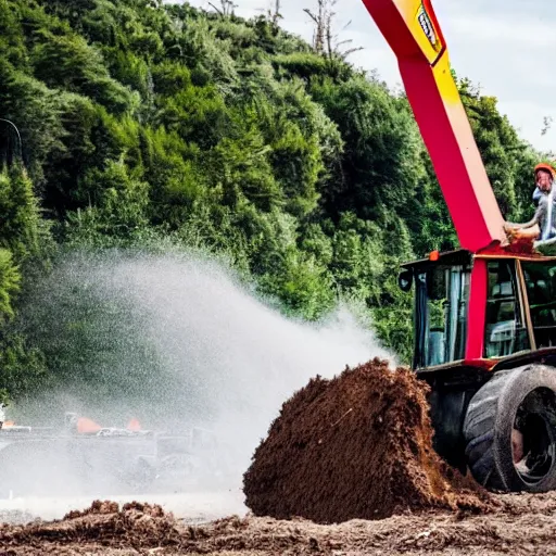 Image similar to lorenzo jovanotti on a bulldozer tearing down trees on a beach