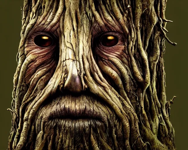 Image similar to a talking tree, a face in the bark, mouth in the bark, nose made of wood, eyes in the bark, fantasy concept art, digital painting, oil painting, hyperrealistic, beautiful, treebeard, ent, magical, highly detailed, soft lighting, very detailed eyes, artstation, cgsociety, in the forest, by alan lee, by artgerm