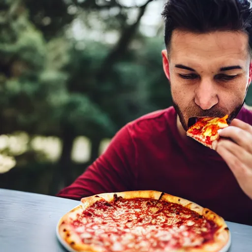 Image similar to a photo of a guy eating the best pizza he has ever eaten, hyper realistic, ultra detailed, 8 k, 2 8 mm lens