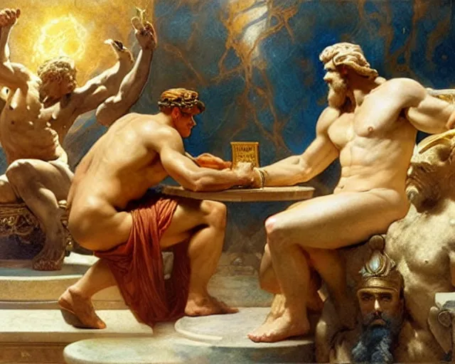 Prompt: zeus and the god jupiter argue over the fate of mankind, marble table with scrolls and papers between them, the other gods watch in horror, painting by gaston bussiere, craig mullins, j. c. leyendecker