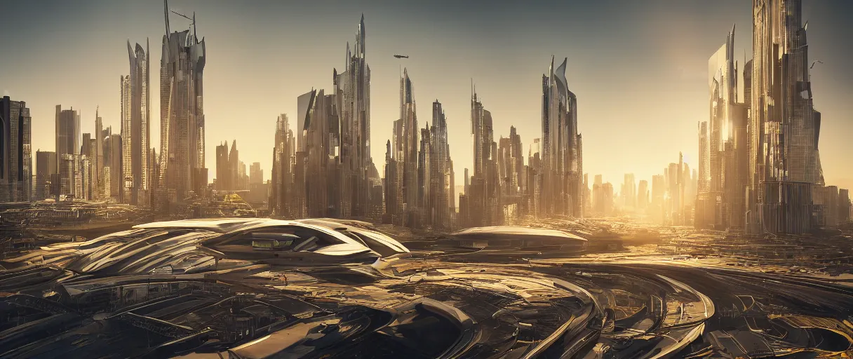 Image similar to modern beautiful Saha Hadid building, hypermaximalistic, high details, cinematic, 8k resolution, beautifully detailed, insanely intricate details, artstation trending, octane render, unreal engine, bright lit interiors, warm yellow lights, golden hour, city background in silhouette,