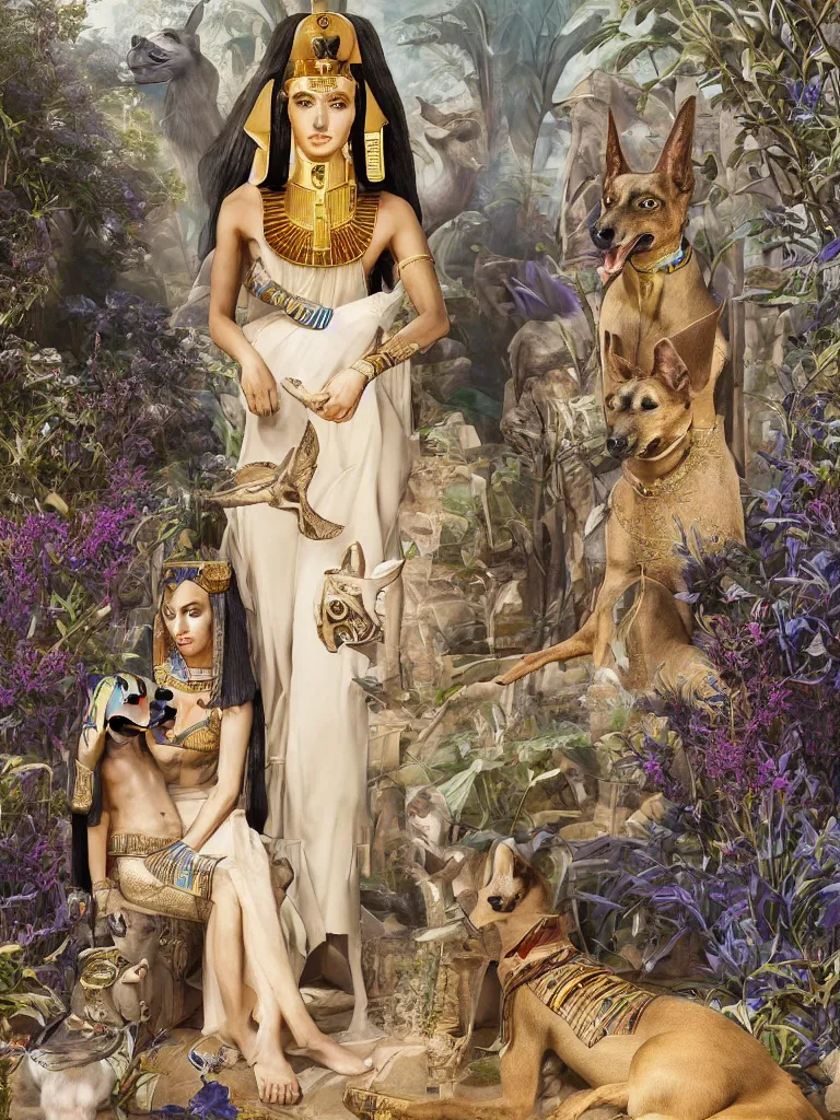 Prompt: portrait of a beautiful female ancient Egyptian goddess next to the god Anubis as a whippet, blue lotus flowers grow around them, by Alessio Albi, painted by Artgerm, by Marc Simonetti, by Ernst Haeckel