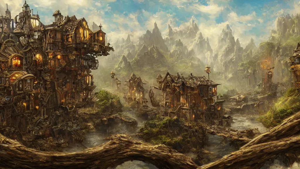 Prompt: A steampunk village floating high above the ground on a giant piece of driftwood, highly detailed oil painting, epic fantasy art, abstraction, masterpeice, 8k