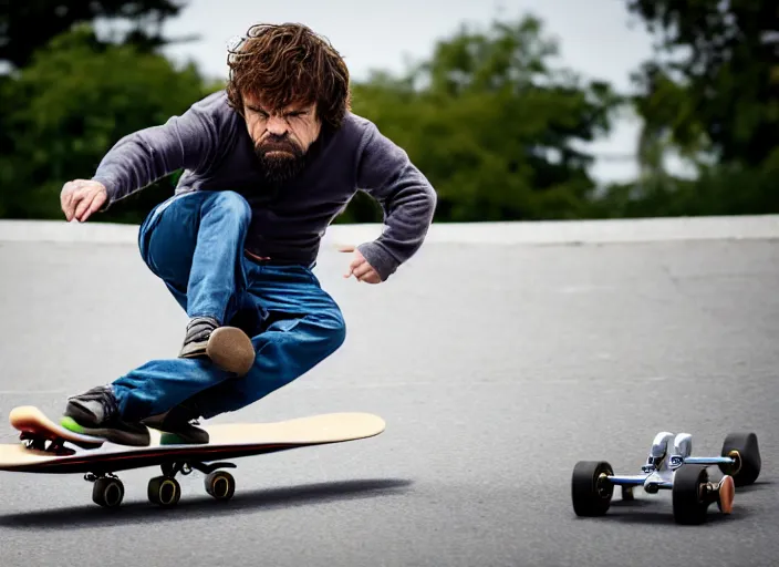 Image similar to dslr photo still of peter dinklage on a skateboard flying through the air, 4 k, 1 2 0 mm f 1 6