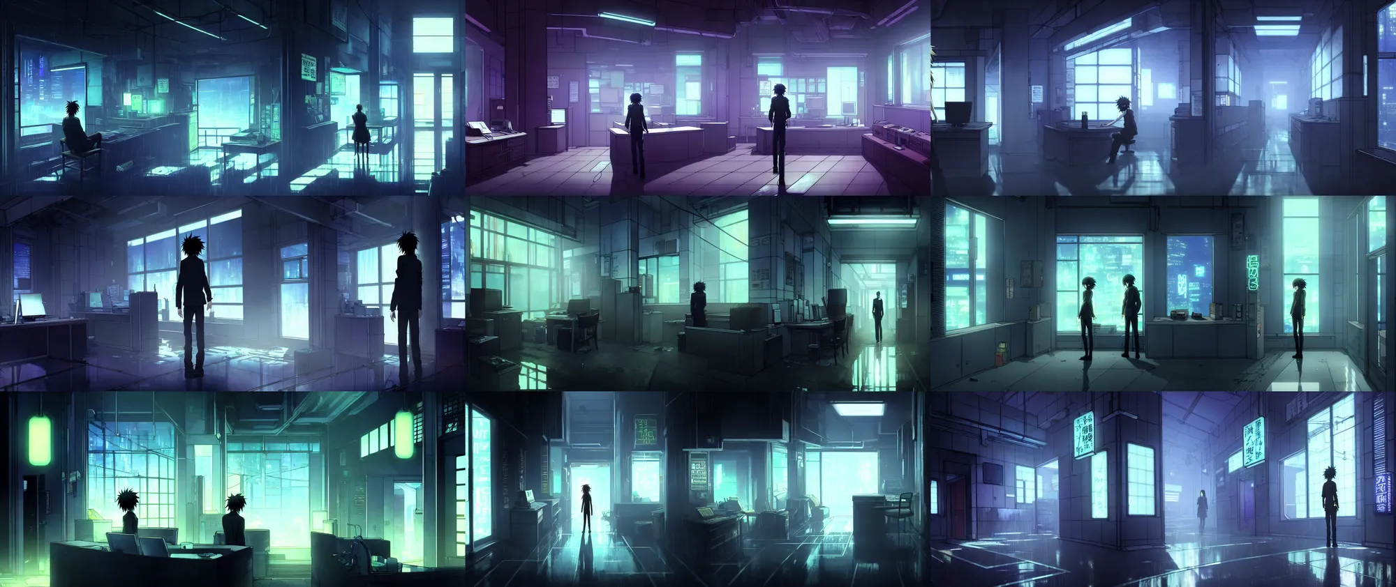 Prompt: atmospheric interior of an after hours closed quiet quiet cyberpunk police office neon lights futuristic detective neon noir, in the anime series death note and ergo proxy, detailed atmospheric and gritty, by makoto shinkai and Shichiro Kobayashi