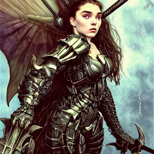 Image similar to head and shoulders portrait of an armored erinyes devil with huge bat wings, portrayed by florence pugh, d & d, fantasy, luis royo, magali villeneuve, donato giancola, wlop, krenz cushart, hans zatka, klimt, alphonse mucha