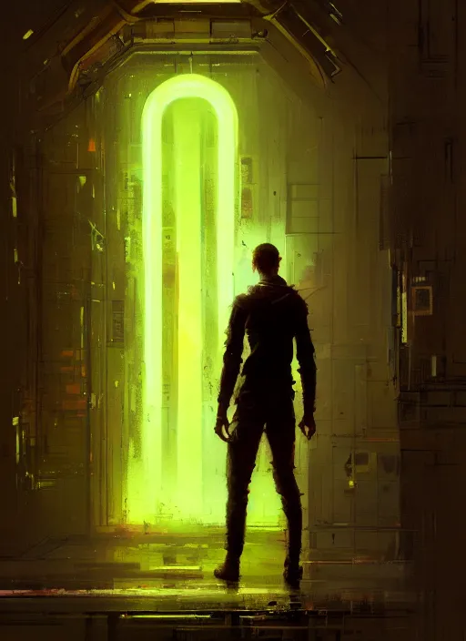 Image similar to portal, neon, rule of thirds, intricate outfit, spotlight, by greg rutkowski, by jeremy mann, digital painting