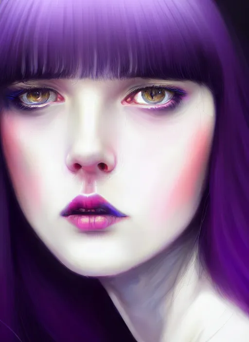 Prompt: portrait of teenage girl with white bangs, red irises, black hair, purple clothes, white bangs, bangs are different color from hair, intricate, front of hair is white rest is black, elegant, glowing lights, highly detailed, digital painting, artstation, concept art, smooth, sharp focus, illustration, art by wlop, mars ravelo and greg rutkowski