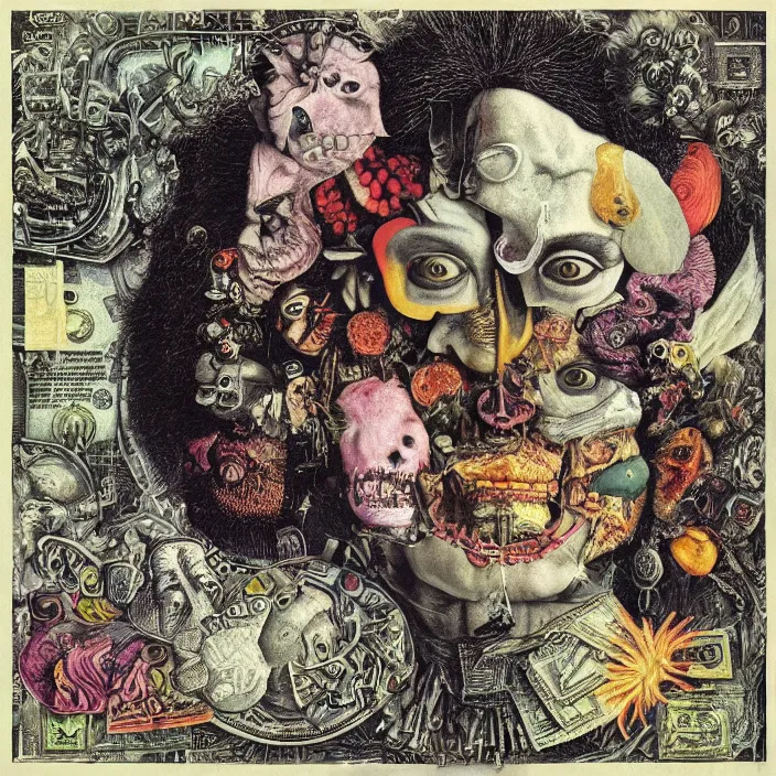 Image similar to post - punk new age album cover, asymmetrical design, dollar bank notes, capitalism, magic, apocalypse, psychedelic, black white pink, highly detailed, magic, giger h. r., giuseppe arcimboldo