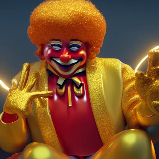 Image similar to A still of Ronald McDonald surrounded by gold and diamonds, Award-winning, photograph, 3d render, unreal engine, 4k detailed