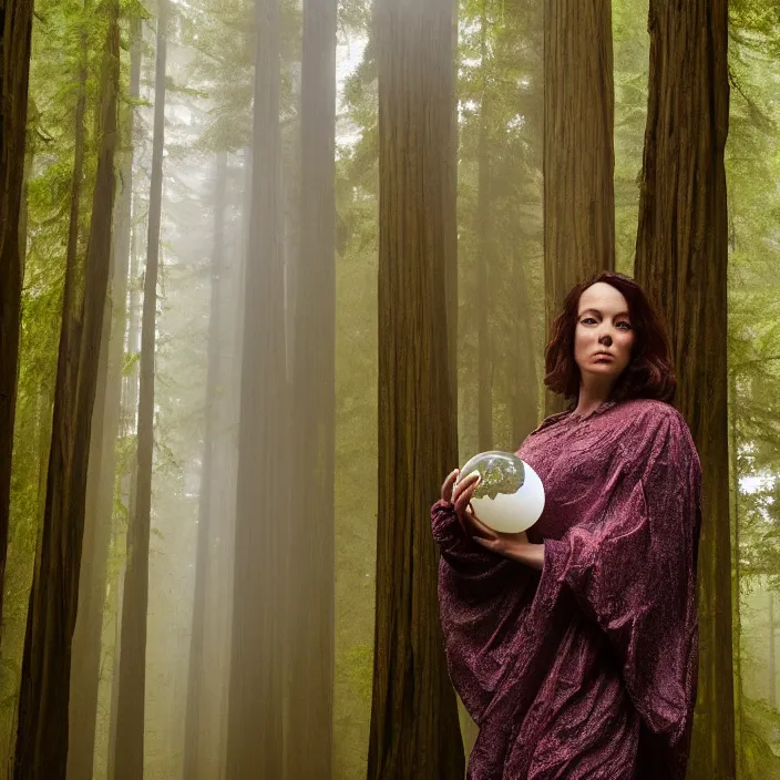 Prompt: a color photograph, closeup portrait of a woman wrapped in plastic, standing next to an agate orb, in a foggy redwood forest, color photograph, by vincent desiderio, canon eos c 3 0 0, ƒ 1. 8, 3 5 mm, 8 k, medium - format print