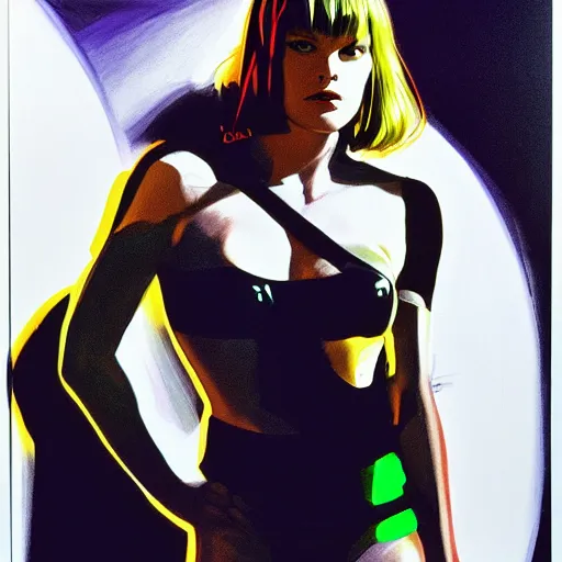 Prompt: milla jovovich as leeloo portrait in the foreground of art by syd mead scifi sharp neon city