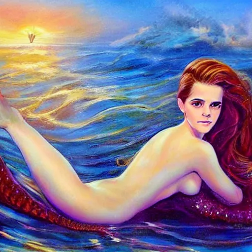 Prompt: emma watson as sea mermaid, artwork by julie bell,