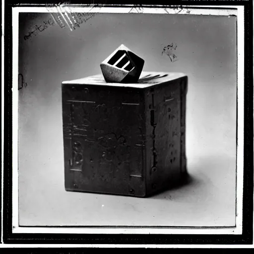 Image similar to 1 8 8 5 photo of a riveted companion!! cube!! from portal 2, heart shape, daguerrotype, high quality