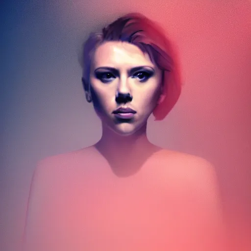 Image similar to surreal scarlett johansson covered in chromatic abberations mysterious foggy misty room, beautiful, pscychodelic, trending on artstation, artwork by Nicolas Winding Refn