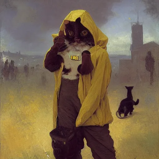 Prompt: belligerent man wearing a cat costume with a yellow hoodie greg danton william adolphe bouguereau vasily surikov anton fadeev simon stalenhag