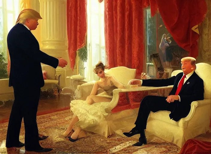 Prompt: american donald trump secretly handing off classified documents to russian vladimir putin by vladimir volegov and alexander averin and pierre auguste cot and delphin enjolras