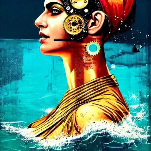 Prompt: portrait of pakistan woman :: side profile :: in ocean :: clockwork details :: gold :: blood and horror :: by marvel and Sandra Chevrier