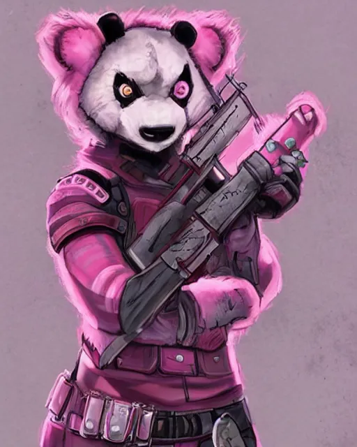 Image similar to a good ol'pink panda girl fursona ( from the furry fandom ), heavily armed and armored facing down armageddon in a dark and gritty version from the makers of mad max : fury road. witness me.