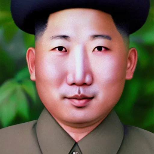 Image similar to colour araki nobuyoshi style close - up photography of detailed north korean kim chen with detailed smiling face, smelling detailed weed bush