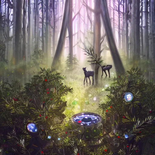 Image similar to a cybernetic ecology. joined back to nature, all watched over by machines of loving grace. a cybernetic forest filled with pines and electronics where deer stroll peacefully past computers as if they were flowers with spinning blossom oil on canvas, masterpiece, trending on artstation, featured on pixiv, cinematic composition, dramatic pose, beautiful lighting, sharp, details, hyper-detailed, HD, HDR, 4K, 8K