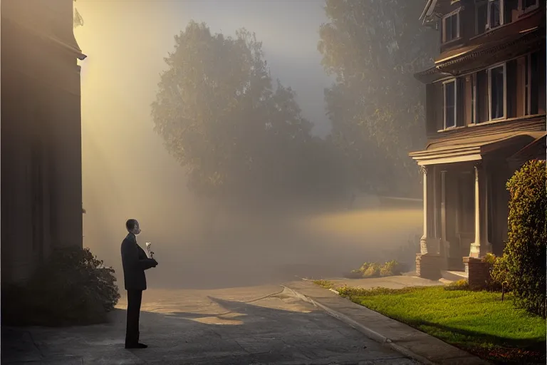 Image similar to business man smoking herb on the front stoop by marc adamus, morning, mist, smoke, rays of light, beautiful