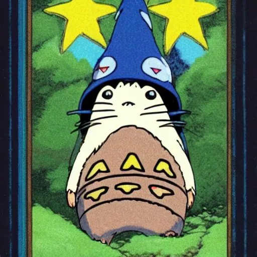 Prompt: a wizard wearing a blue wizard hat with yellow stars on it, from my neighbor totoro ( 1 9 9 3 ) by studio ghibli