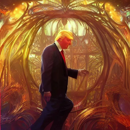 Image similar to ultra realistic illustration of magical president trump, forest, fantasy, colorful lights, intricate, elegant, highly detailed, digital painting, artstation, concept art, smooth, sharp focus, illustration, art by artgerm and greg rutkowski and alphonse mucha