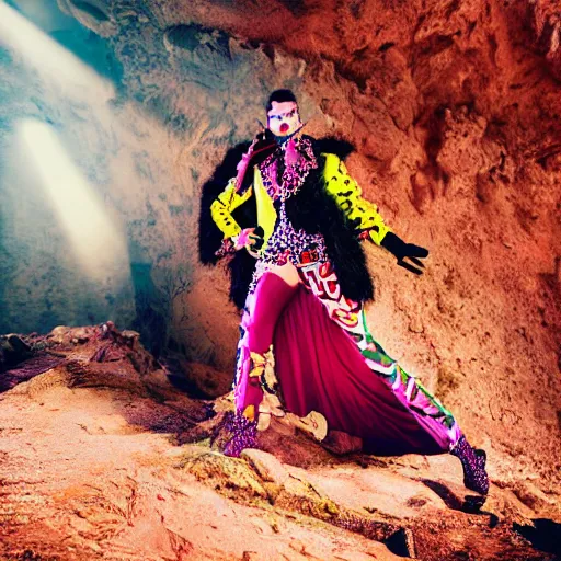 Image similar to photo, an ironic maximalist gaudy photoshoot featuring overly bright contrasting color bold print insane costumes inside a rocky western landscape, atmospheric lighting and haze, backlit, moody