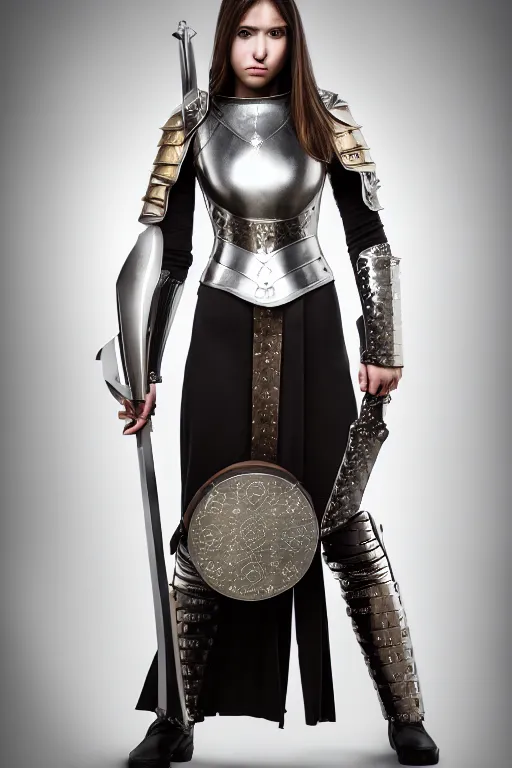 Image similar to female medieval warrior in light armor, by louis vuitton, luxury materials, symmetrical, cinematic, elegant, professional studio light, real dlsr photography, sharp focus, 4 k, ultra hd, sense of awe, high fashion