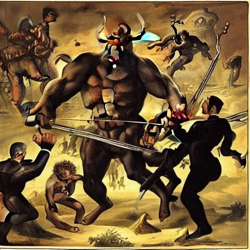 Prompt: men in black fighting a giant minotaur