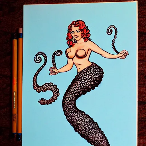 Image similar to octopus wrapped around a mermaid pinup, drawing