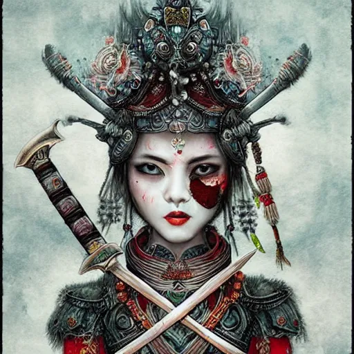 Prompt: Apsaras warrior with sword ,traditional Chinese textures, hyper detailed, by Brook Shaden