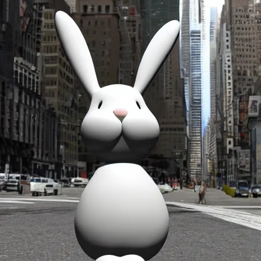 Image similar to a clay sculpture of a funny bunny, new york city background, hyper realistic, 3 d render