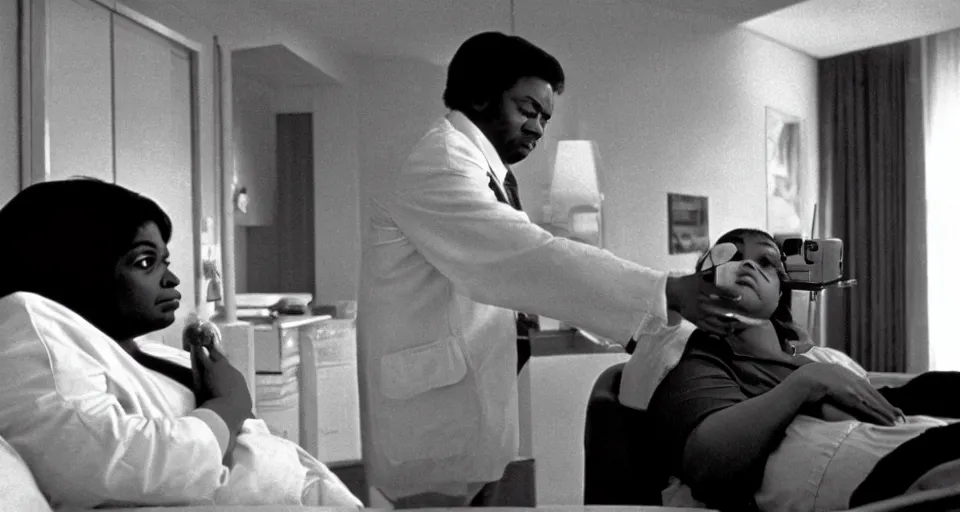 Image similar to cinematic shot from a 1 9 8 5 thriller, a octavia spencer implants device in joe manchin's ear, in the near future, film directed by stanley kubrick, color theory, apartment design, leading lines, photorealistic, volumetric lighting