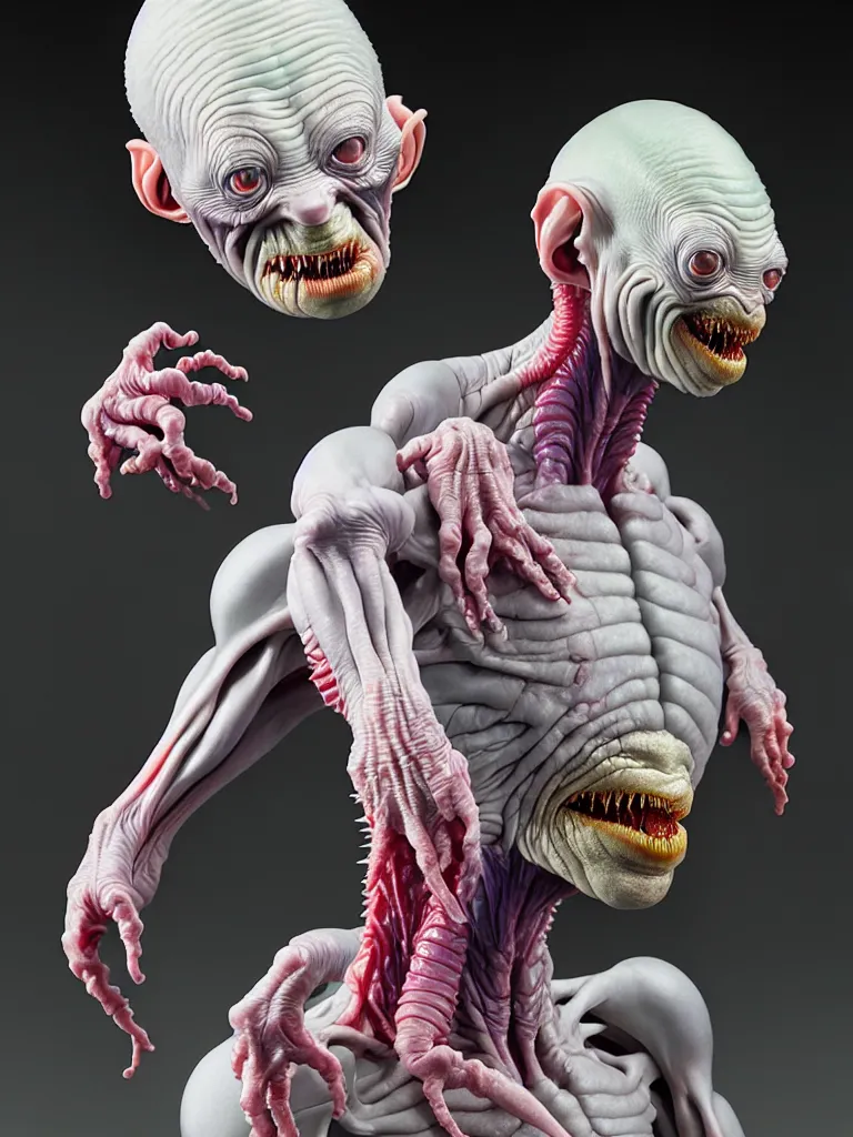 Image similar to hyperrealistic rendering, fat smooth cronenberg flesh monster albino grey alien by donato giancola and greg rutkowski and wayne barlow and zdzisław beksinski, product photography, action figure, sofubi, studio lighting, colored gels